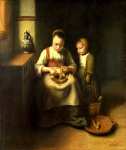 Nicolaes Maes - A Woman scraping Parsnips, with a Child standing by her